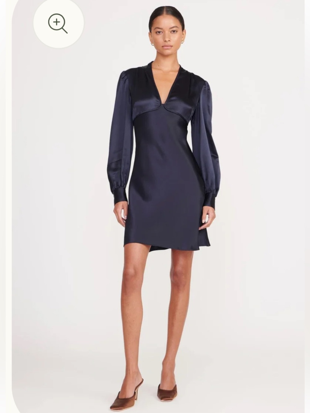 STAUD Navy Satin V-Neck Long-Sleeve Mini Dress
